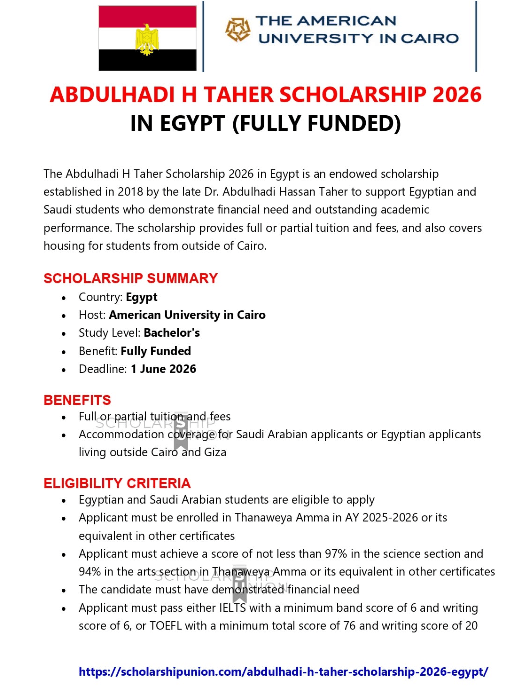 Abdulhadi H Taher Scholarship 2026 in Egypt | Fully Funded
